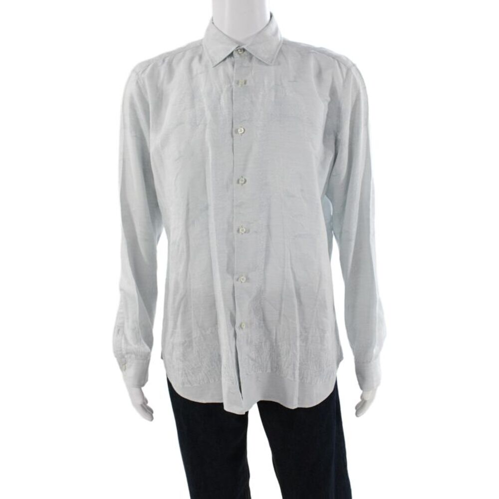 Etro Mens Gray Paisley Linen Dress Shirt Button Long Sleeve Size L